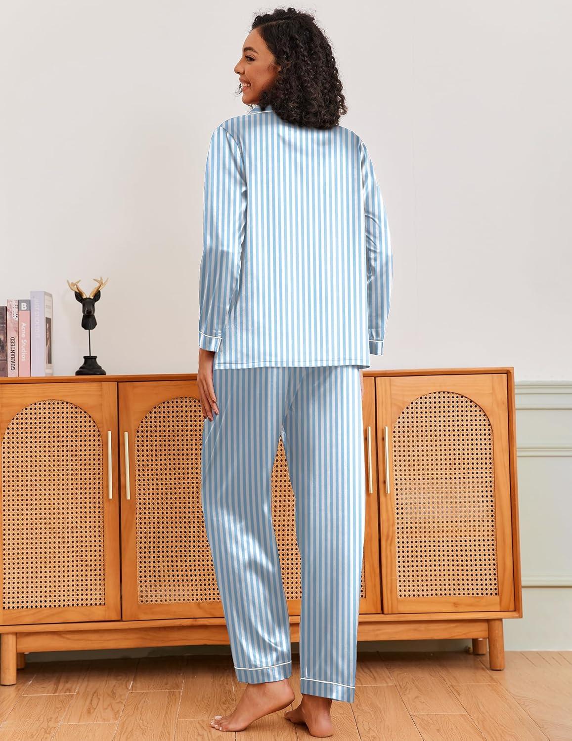 imageEkouaer Silk Pajamas for Women Classic Button Down Satin Pajama Sets Long Sleeve Lounge SetBlue Striped