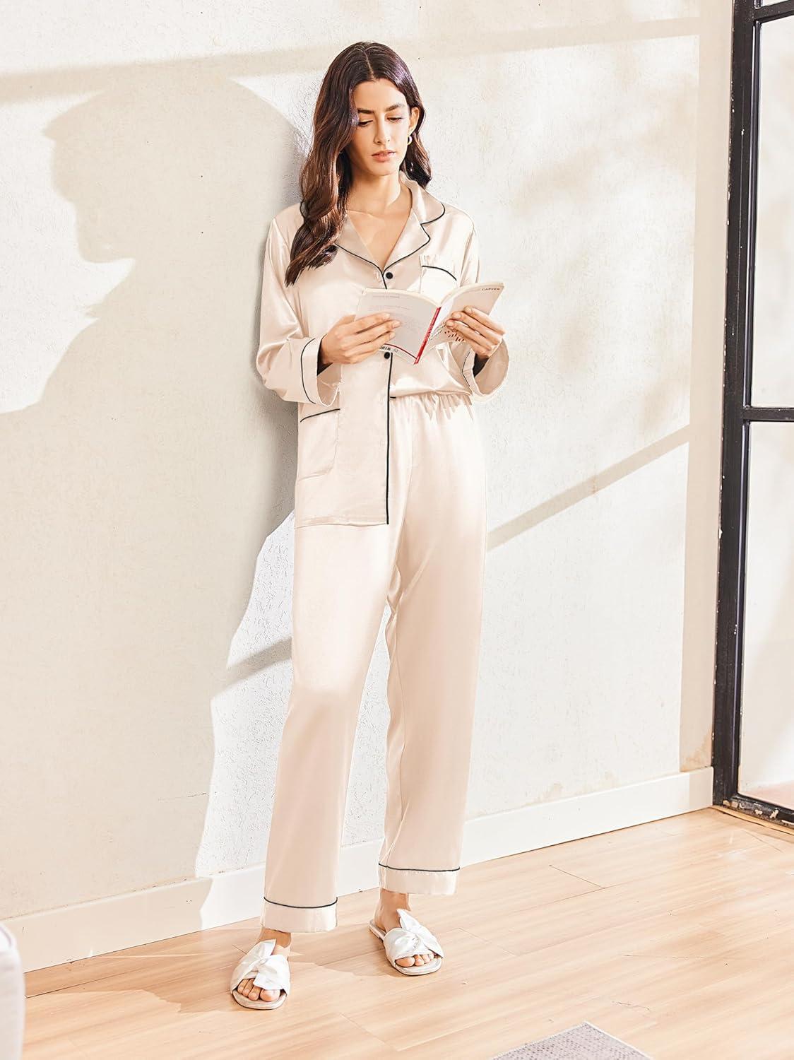 imageEkouaer Silk Pajamas for Women Classic Button Down Satin Pajama Sets Long Sleeve Lounge SetChampagne
