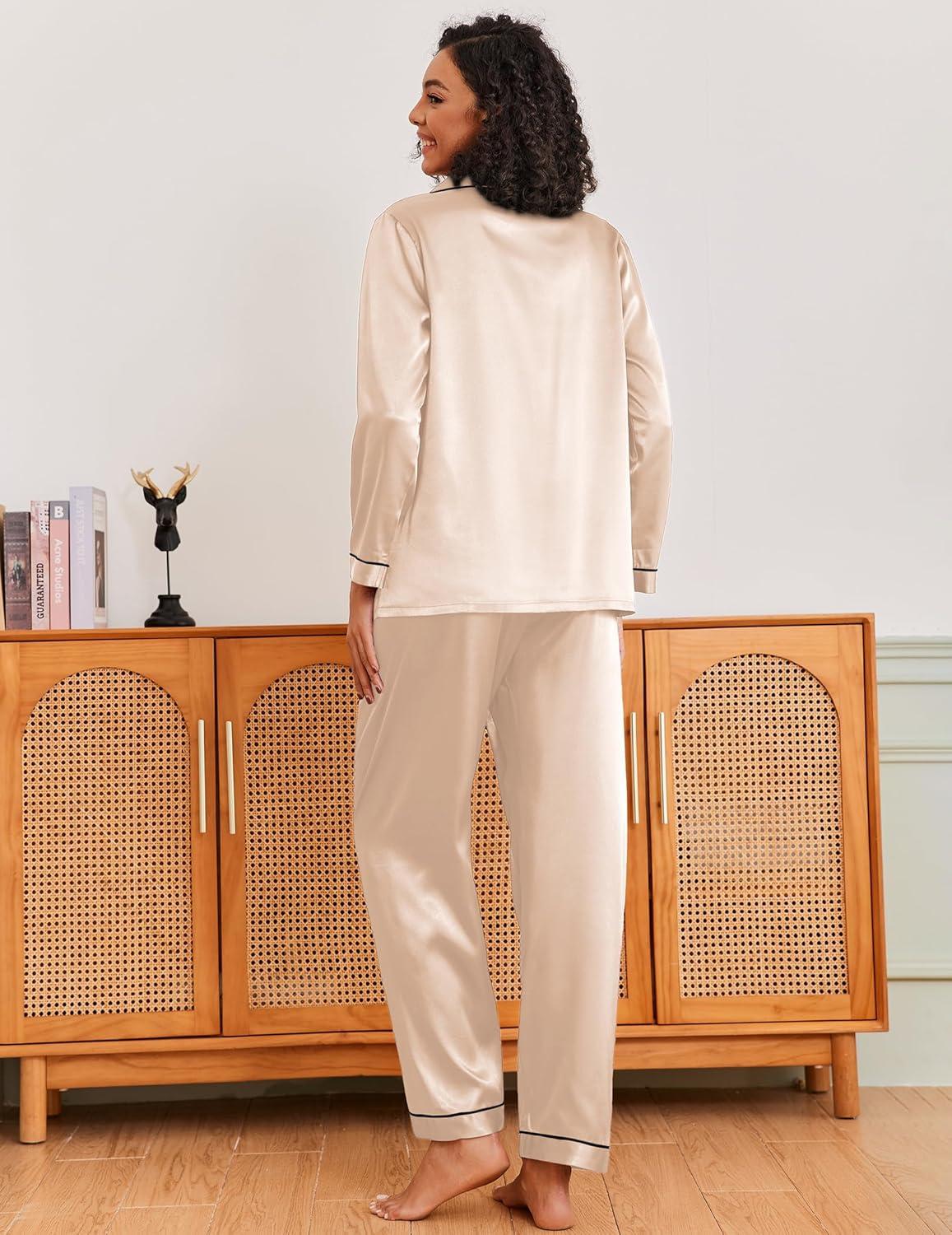 imageEkouaer Silk Pajamas for Women Classic Button Down Satin Pajama Sets Long Sleeve Lounge SetChampagne