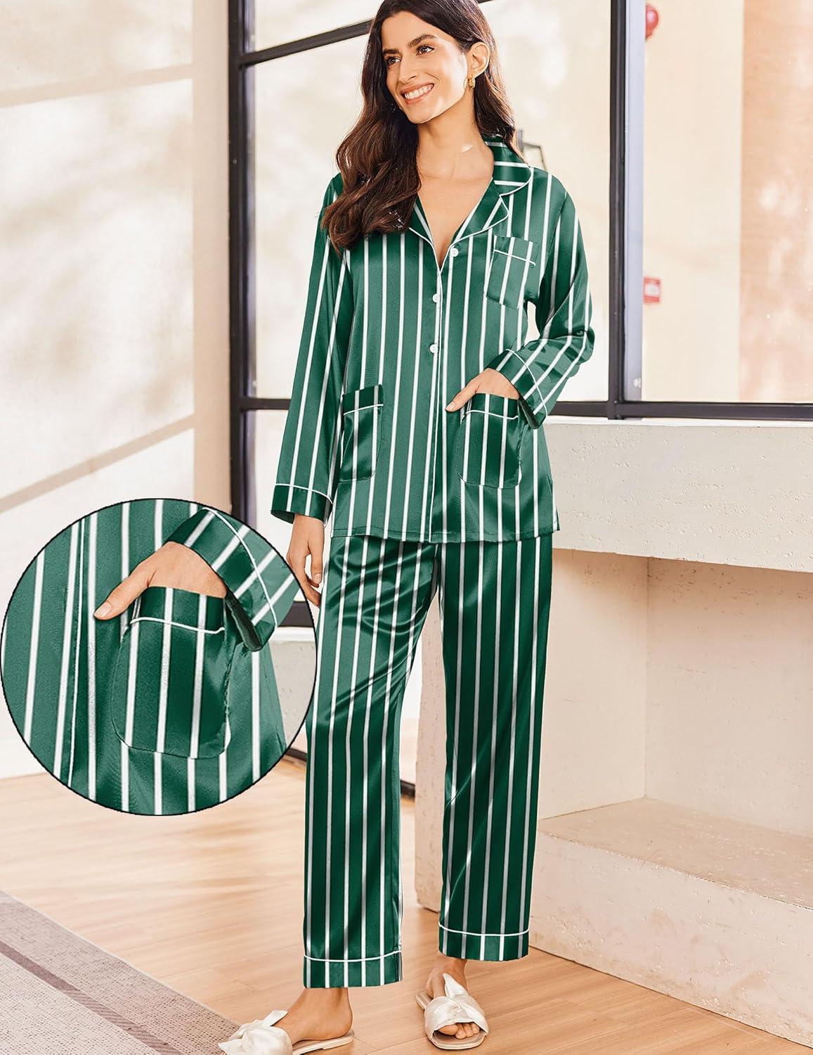 imageEkouaer Silk Pajamas for Women Classic Button Down Satin Pajama Sets Long Sleeve Lounge SetDark Green Striped