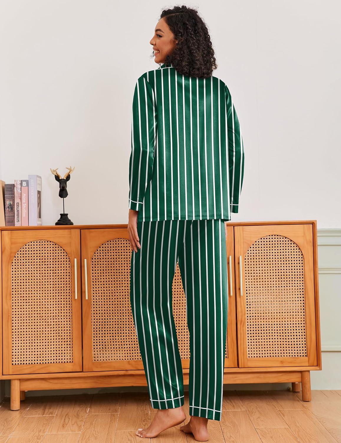 imageEkouaer Silk Pajamas for Women Classic Button Down Satin Pajama Sets Long Sleeve Lounge SetDark Green Striped