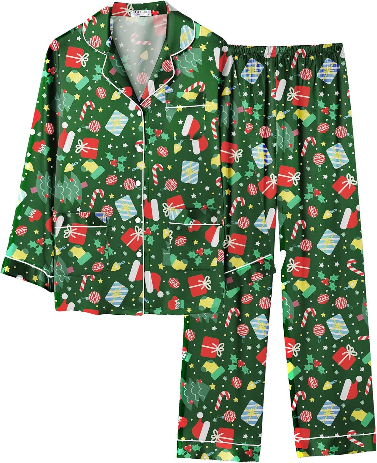 imageEkouaer Silk Pajamas for Women Classic Button Down Satin Pajama Sets Long Sleeve Lounge SetGreen Chirstmas Pattern