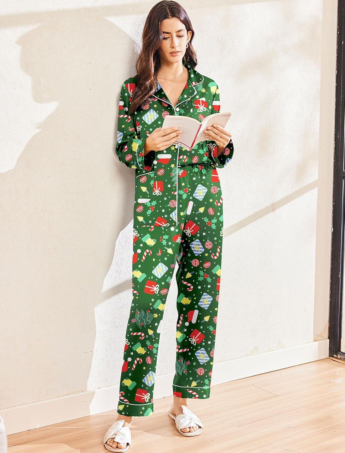imageEkouaer Silk Pajamas for Women Classic Button Down Satin Pajama Sets Long Sleeve Lounge SetGreen Chirstmas Pattern