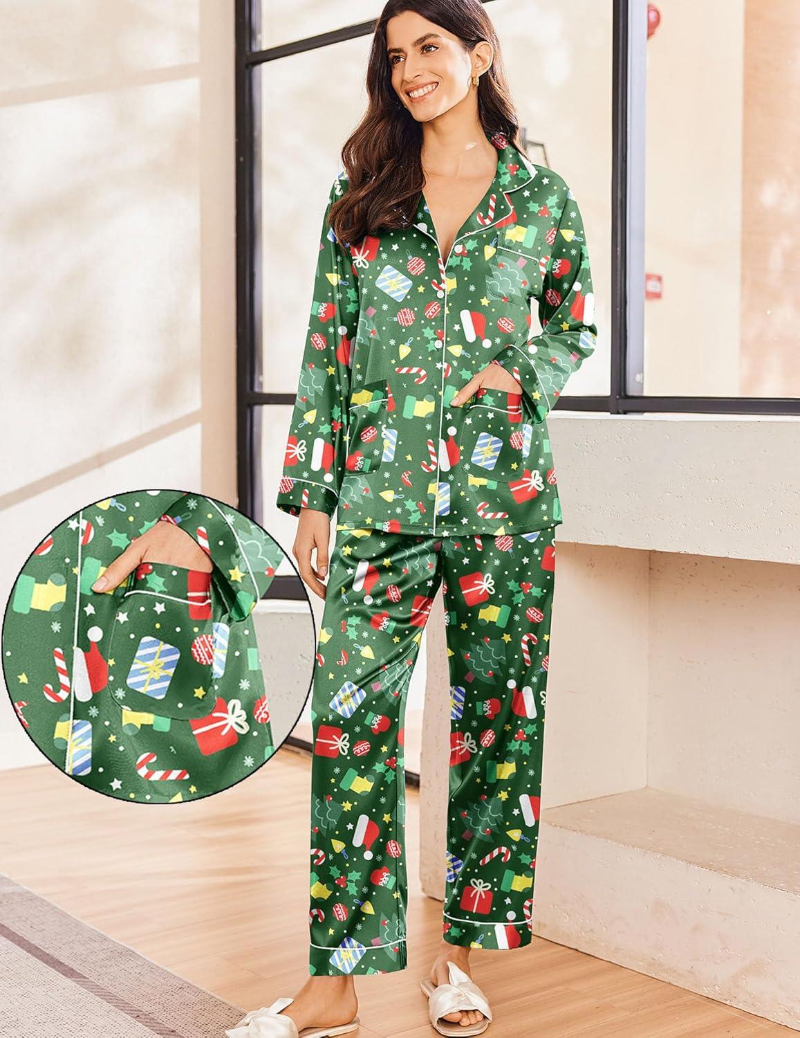 imageEkouaer Silk Pajamas for Women Classic Button Down Satin Pajama Sets Long Sleeve Lounge SetGreen Chirstmas Pattern