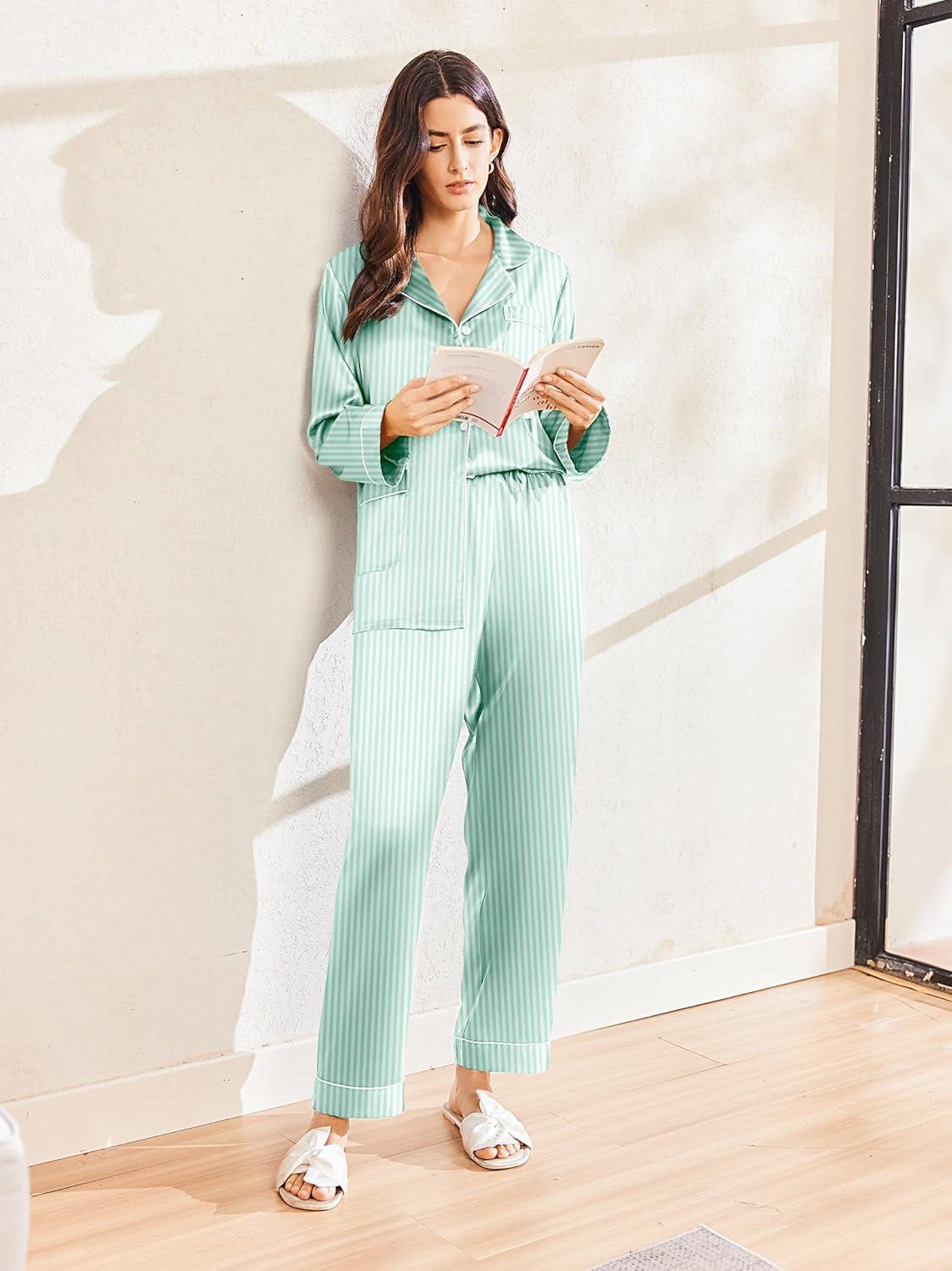 imageEkouaer Silk Pajamas for Women Classic Button Down Satin Pajama Sets Long Sleeve Lounge SetGreen Striped