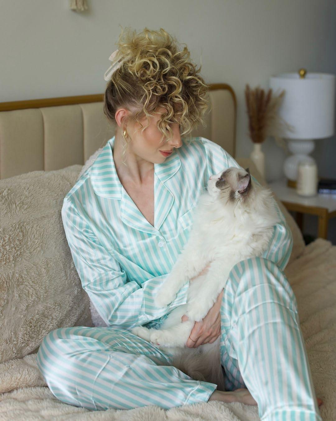 imageEkouaer Silk Pajamas for Women Classic Button Down Satin Pajama Sets Long Sleeve Lounge SetGreen Striped