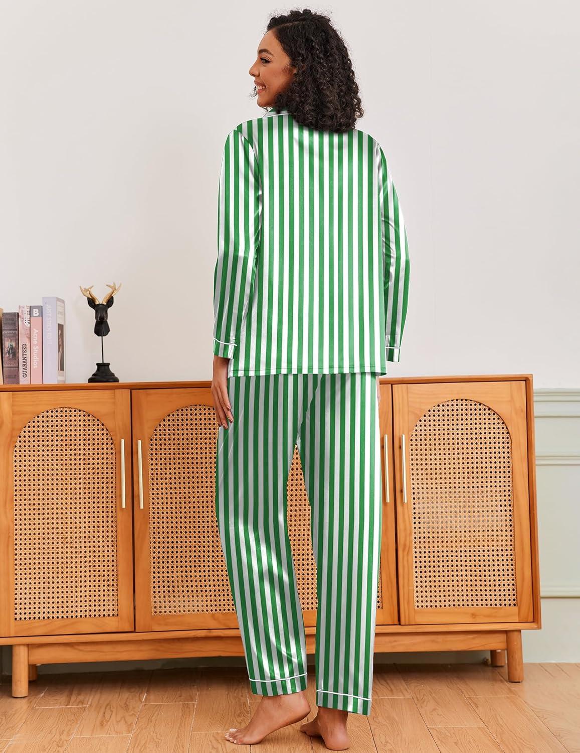imageEkouaer Silk Pajamas for Women Classic Button Down Satin Pajama Sets Long Sleeve Lounge SetGreen White Stripe