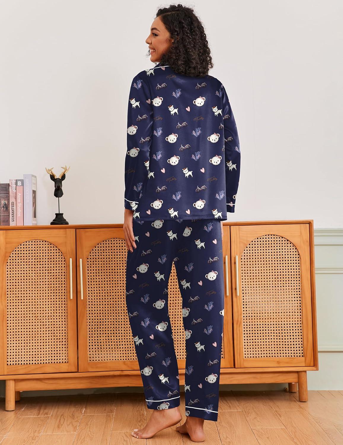 imageEkouaer Silk Pajamas for Women Classic Button Down Satin Pajama Sets Long Sleeve Lounge SetNavy Teddy Alpaca