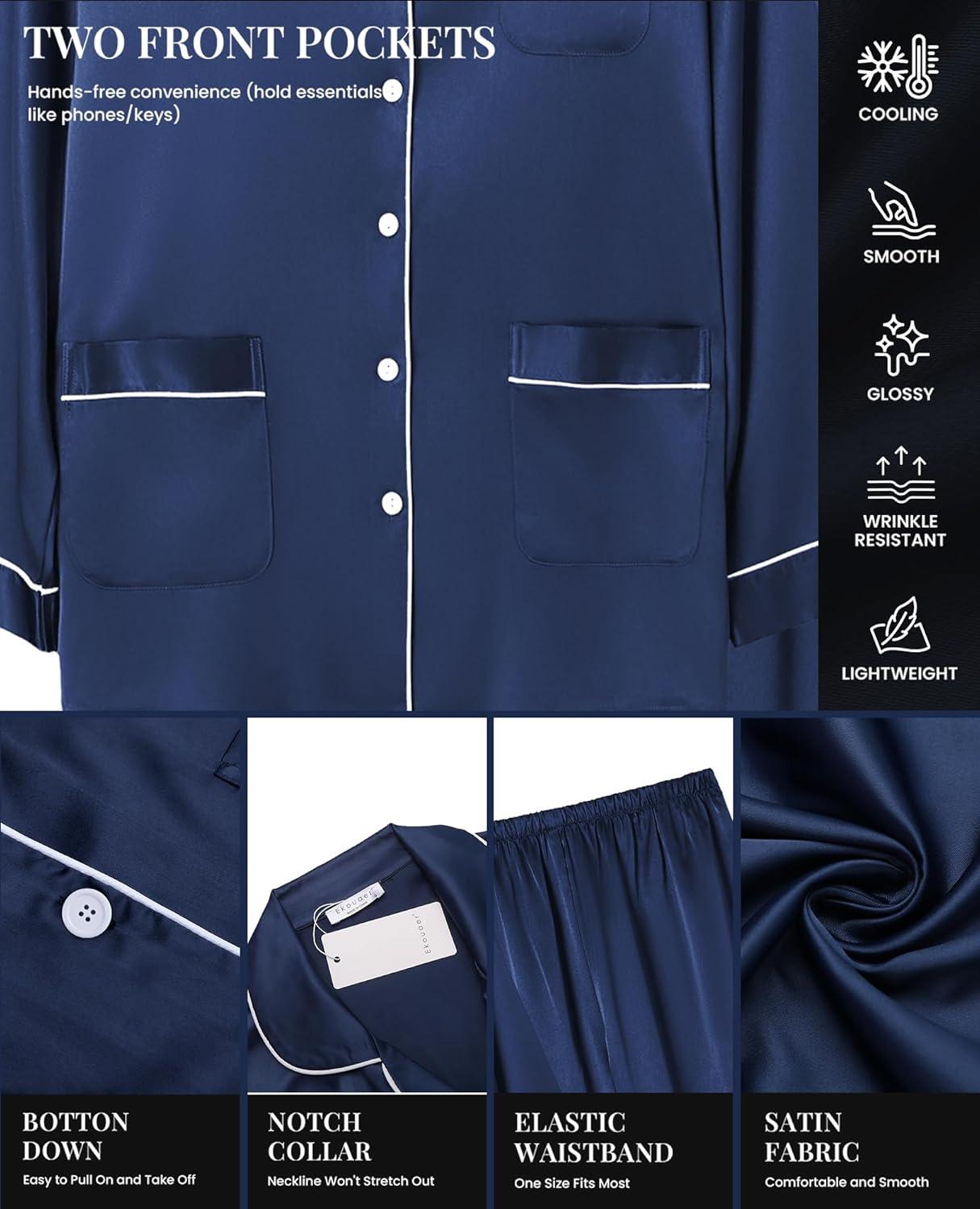 imageEkouaer Silk Pajamas for Women Classic Button Down Satin Pajama Sets Long Sleeve Lounge SetNavy Teddy Alpaca