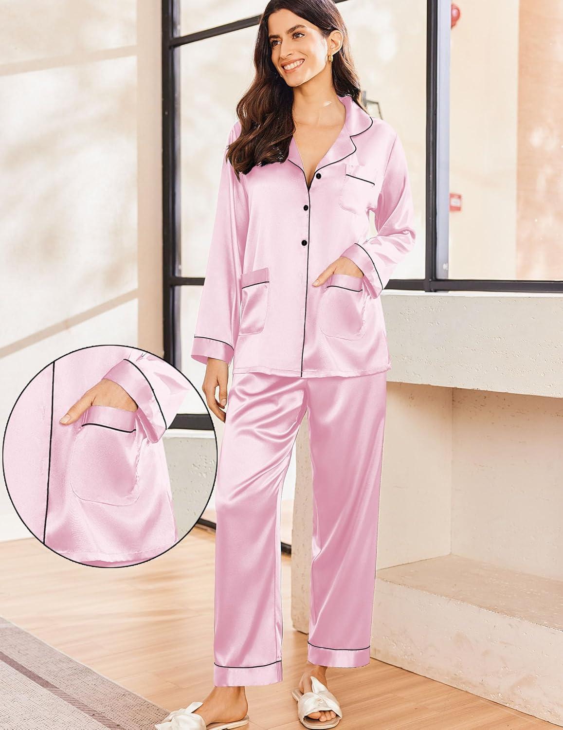 imageEkouaer Silk Pajamas for Women Classic Button Down Satin Pajama Sets Long Sleeve Lounge SetPink