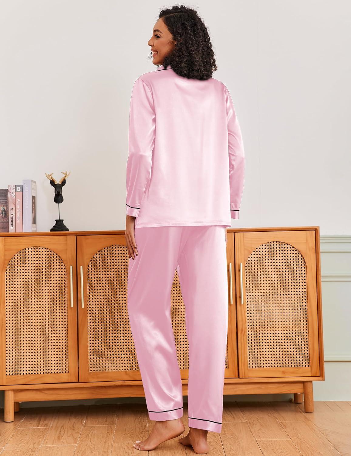 imageEkouaer Silk Pajamas for Women Classic Button Down Satin Pajama Sets Long Sleeve Lounge SetPink