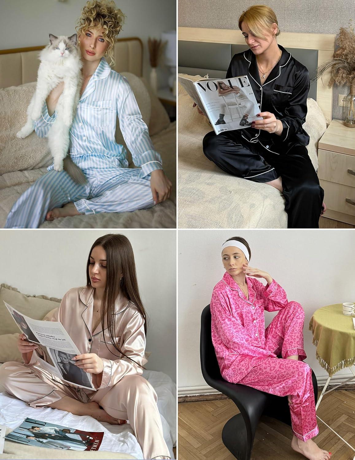 imageEkouaer Silk Pajamas for Women Classic Button Down Satin Pajama Sets Long Sleeve Lounge SetPink