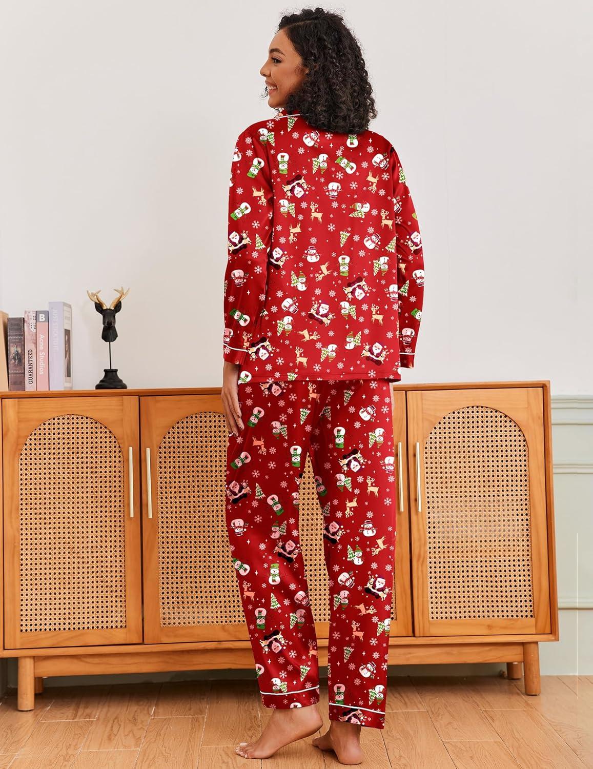 imageEkouaer Silk Pajamas for Women Classic Button Down Satin Pajama Sets Long Sleeve Lounge SetRed Snowman