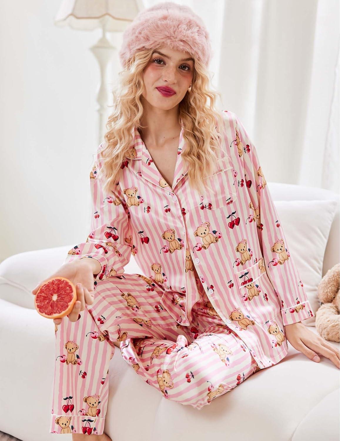 imageEkouaer Silk Pajamas for Women Classic Button Down Satin Pajama Sets Long Sleeve Lounge SetTeddy Cherry Striped