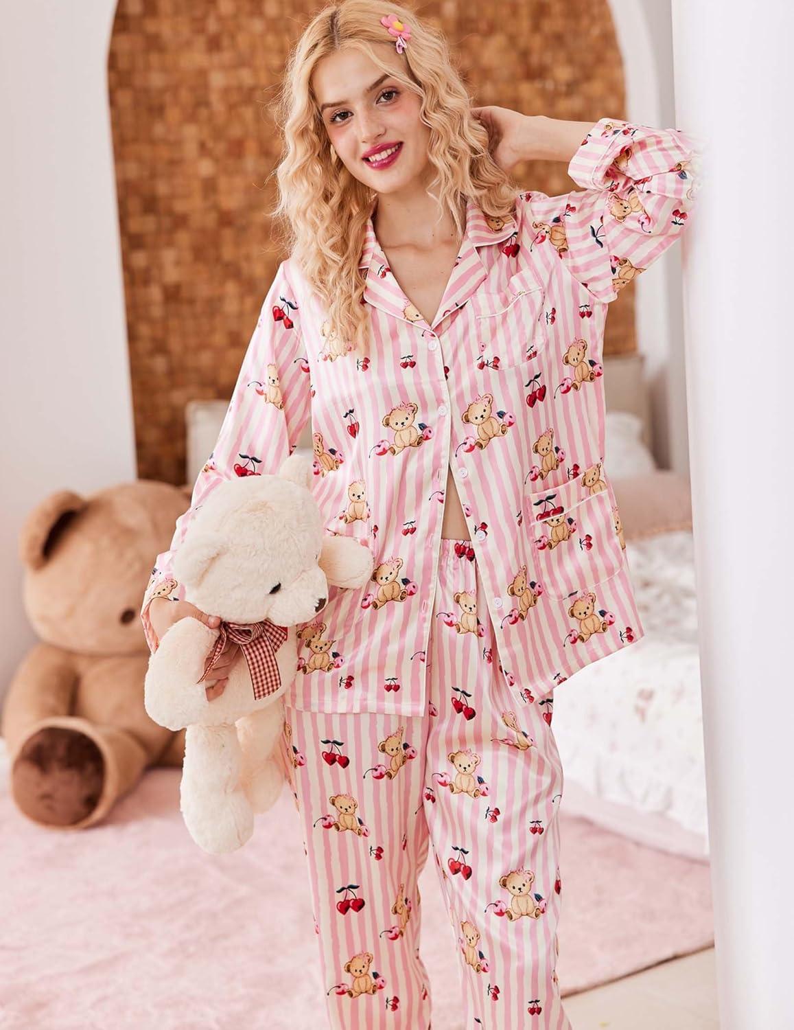 imageEkouaer Silk Pajamas for Women Classic Button Down Satin Pajama Sets Long Sleeve Lounge SetTeddy Cherry Striped