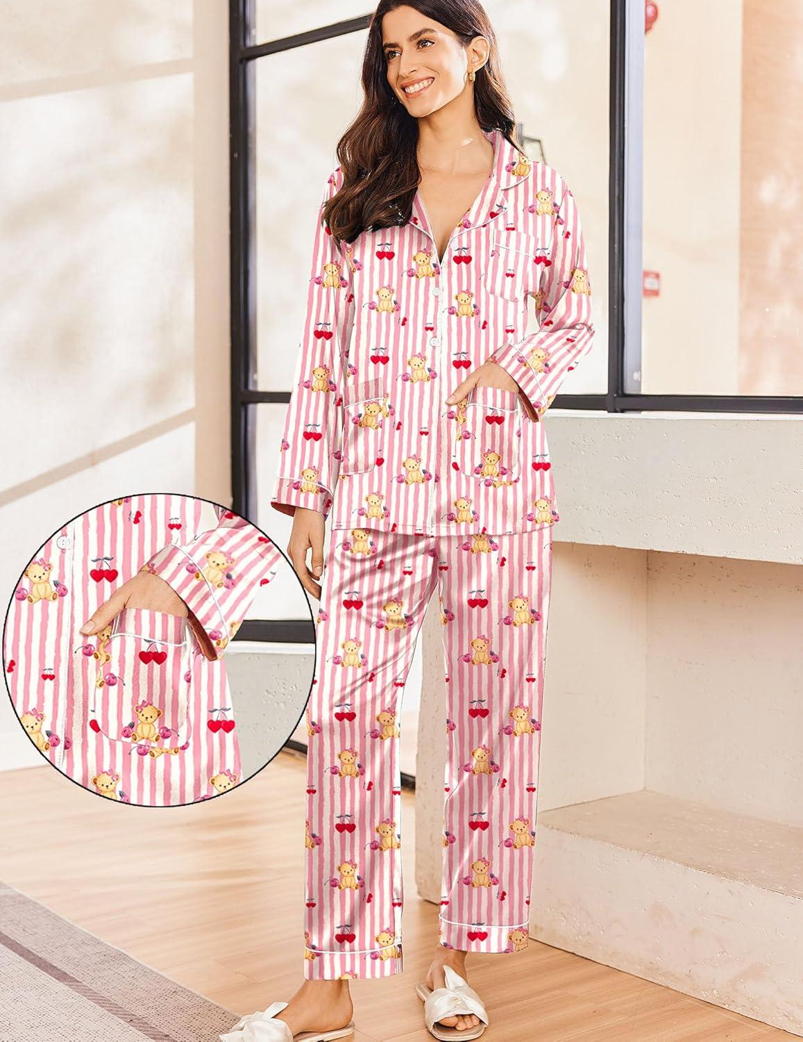 imageEkouaer Silk Pajamas for Women Classic Button Down Satin Pajama Sets Long Sleeve Lounge SetTeddy Cherry Striped