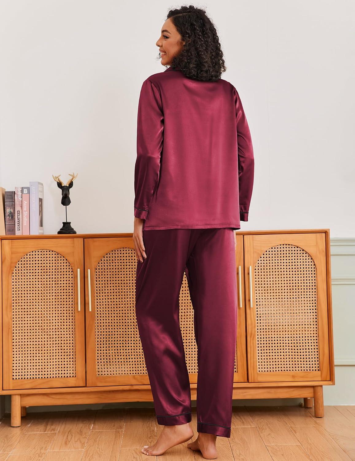 imageEkouaer Silk Pajamas for Women Classic Button Down Satin Pajama Sets Long Sleeve Lounge SetWine Red