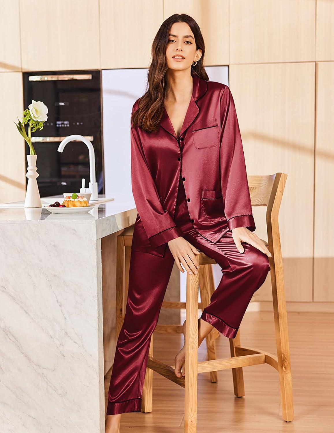 imageEkouaer Silk Pajamas for Women Classic Button Down Satin Pajama Sets Long Sleeve Lounge SetWine Red