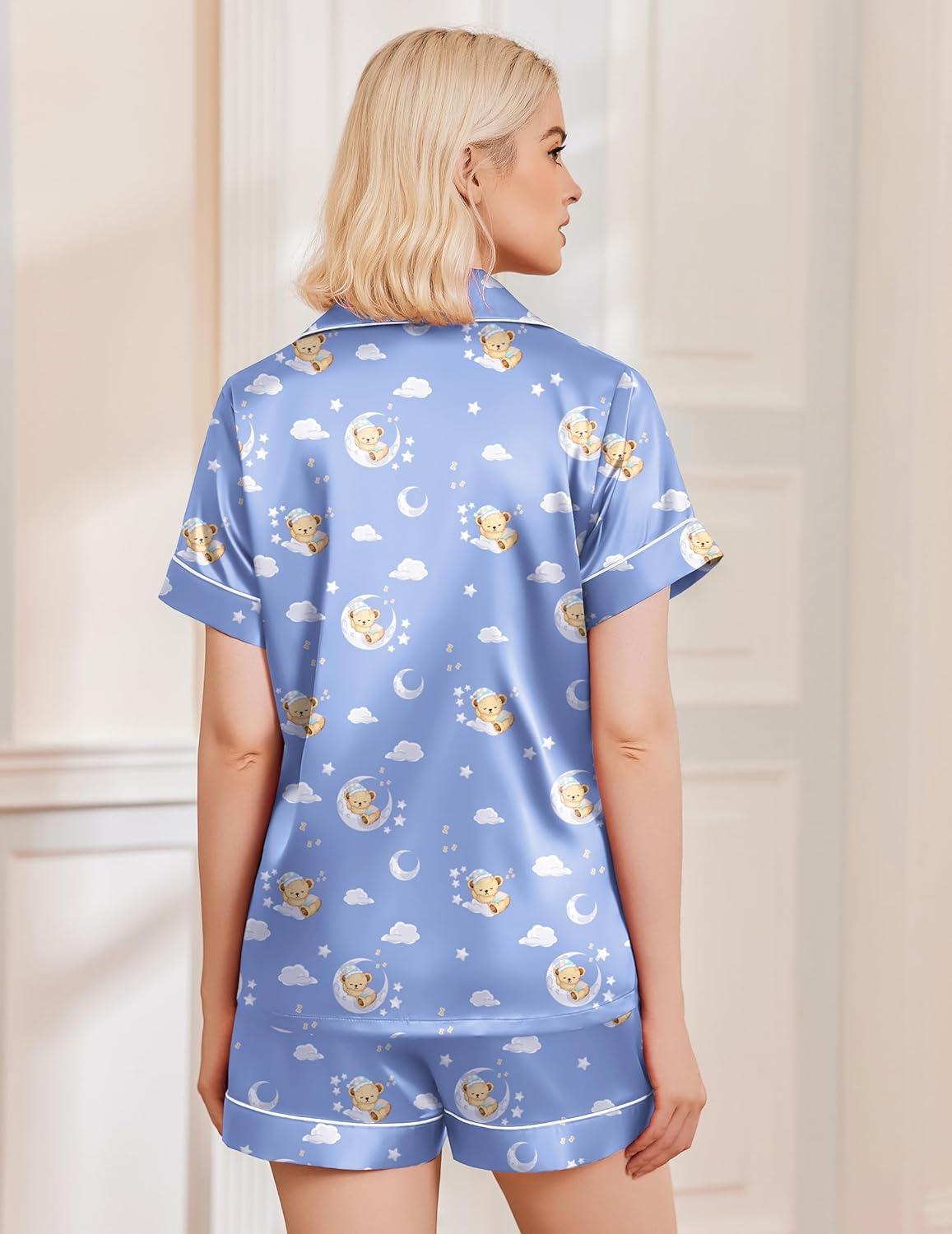 imageEkouaer Silk Pajamas for Women Funny Teddy Sleepwear Comfy Short Sleeve Button Down Loungewear Satin Pjs Shorts SetBlue