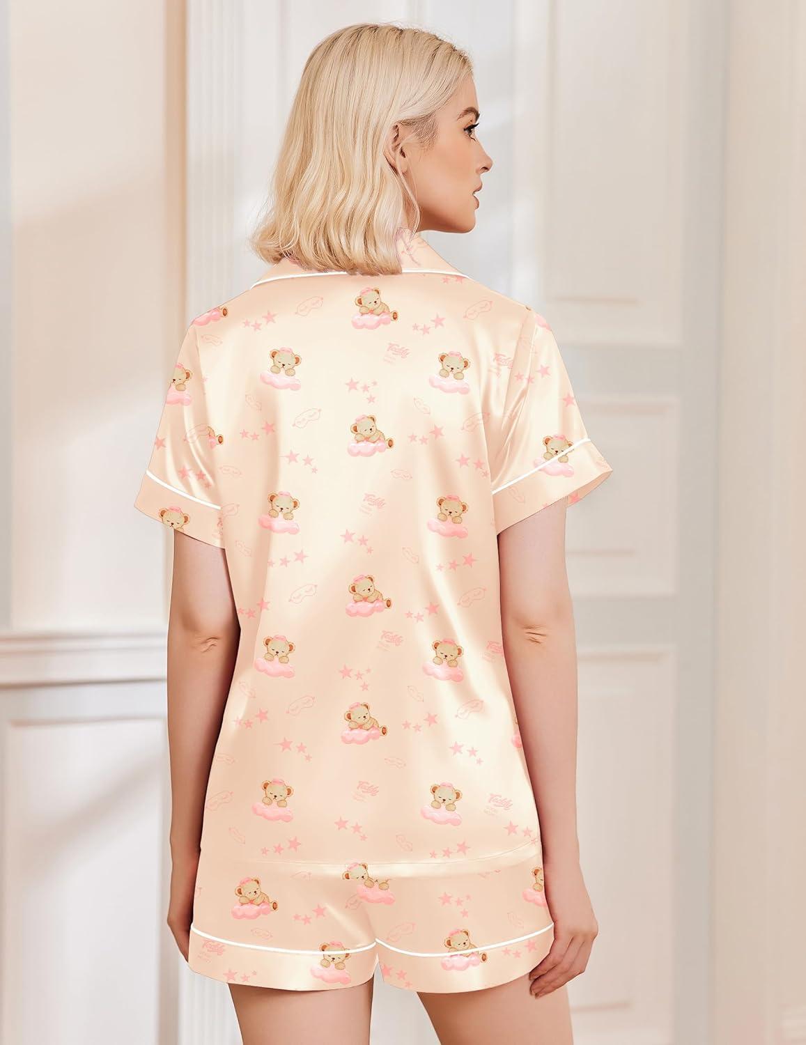 imageEkouaer Silk Pajamas for Women Funny Teddy Sleepwear Comfy Short Sleeve Button Down Loungewear Satin Pjs Shorts SetChampagne