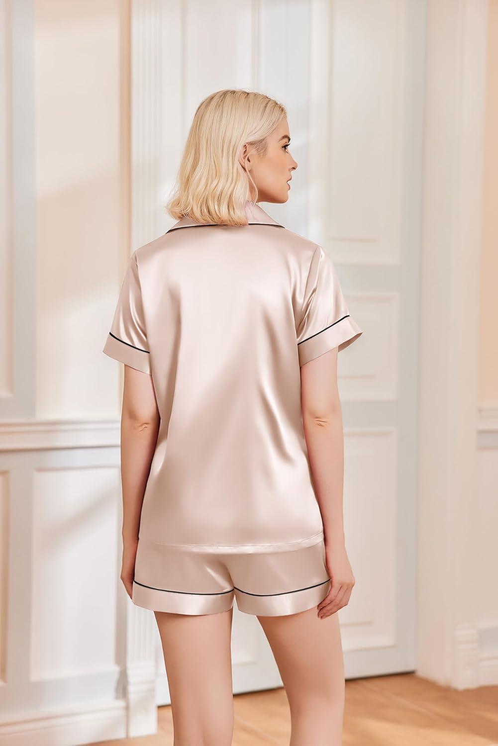 imageEkouaer Silk Pajamas for Women Funny Teddy Sleepwear Comfy Short Sleeve Button Down Loungewear Satin Pjs Shorts SetChampagne Teddy