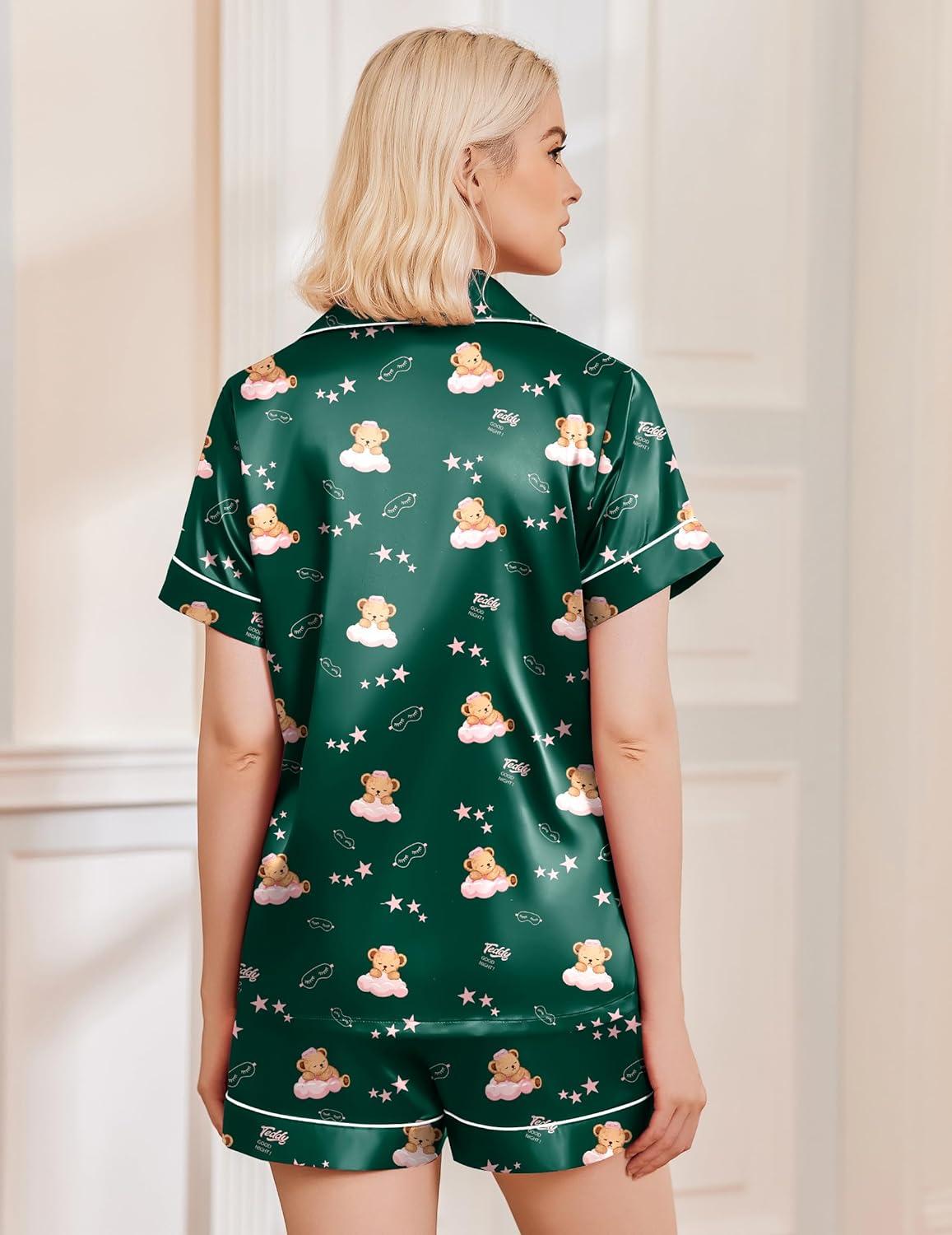 imageEkouaer Silk Pajamas for Women Funny Teddy Sleepwear Comfy Short Sleeve Button Down Loungewear Satin Pjs Shorts SetDark Green