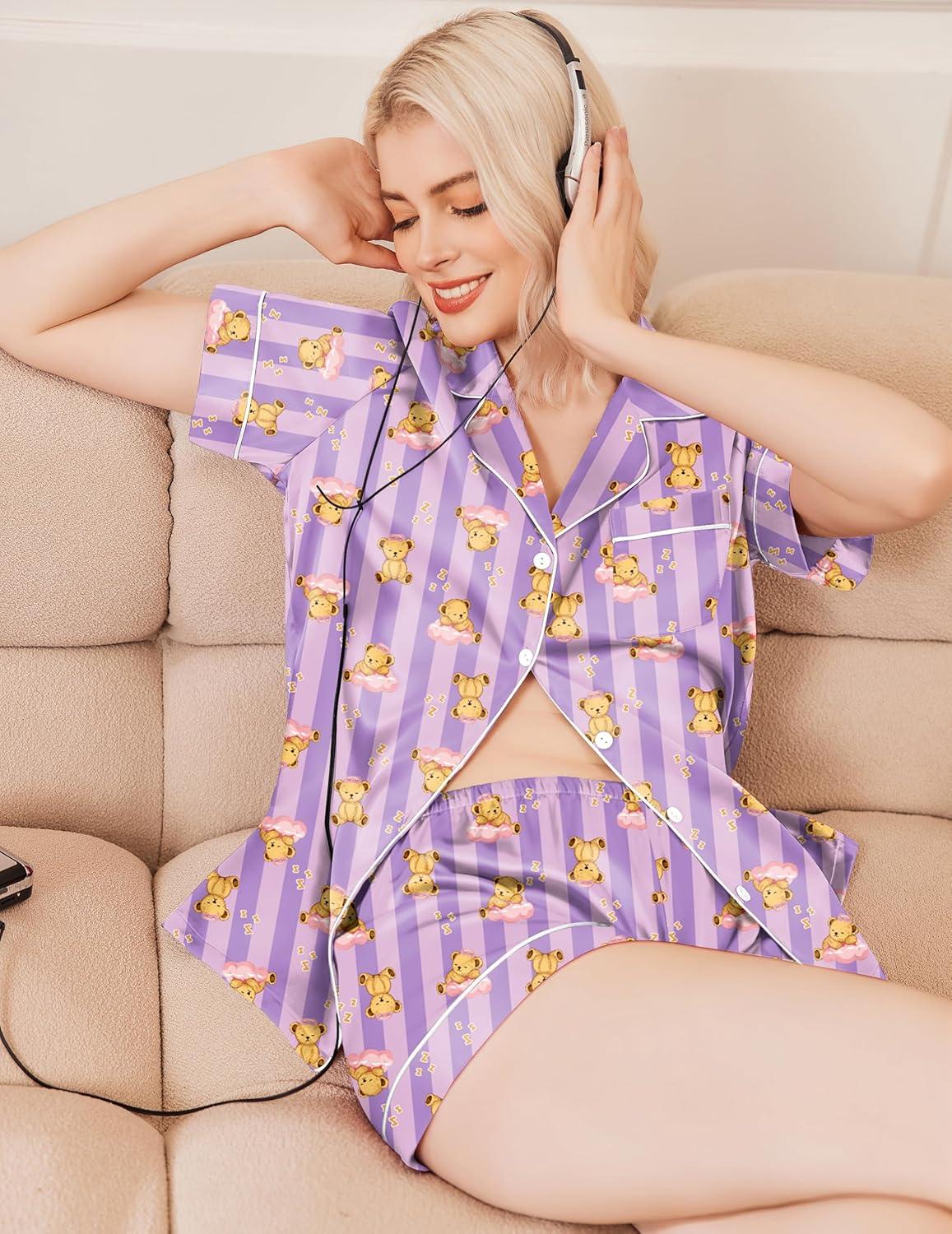 imageEkouaer Silk Pajamas for Women Funny Teddy Sleepwear Comfy Short Sleeve Button Down Loungewear Satin Pjs Shorts SetPink Purple Striped