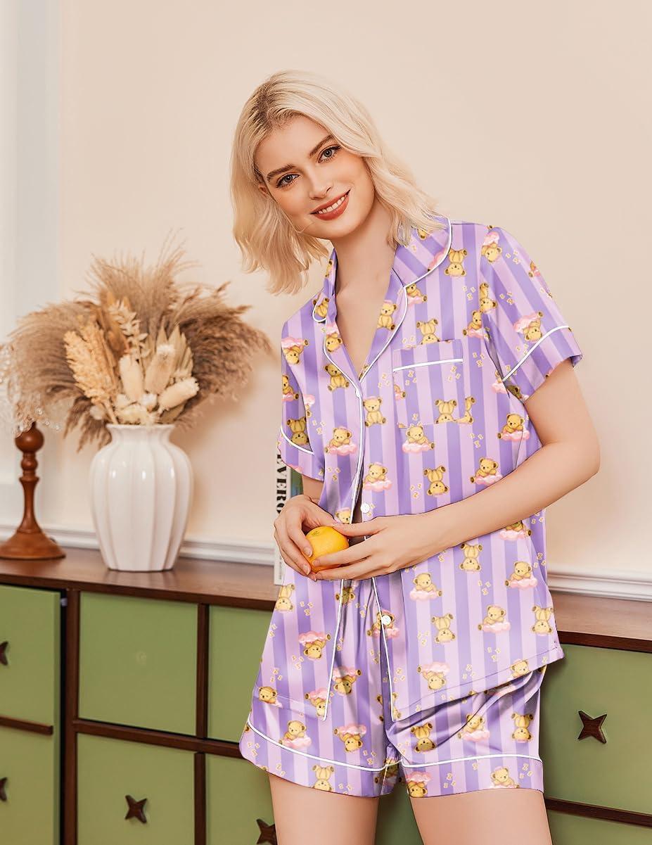 imageEkouaer Silk Pajamas for Women Funny Teddy Sleepwear Comfy Short Sleeve Button Down Loungewear Satin Pjs Shorts SetPink Purple Striped