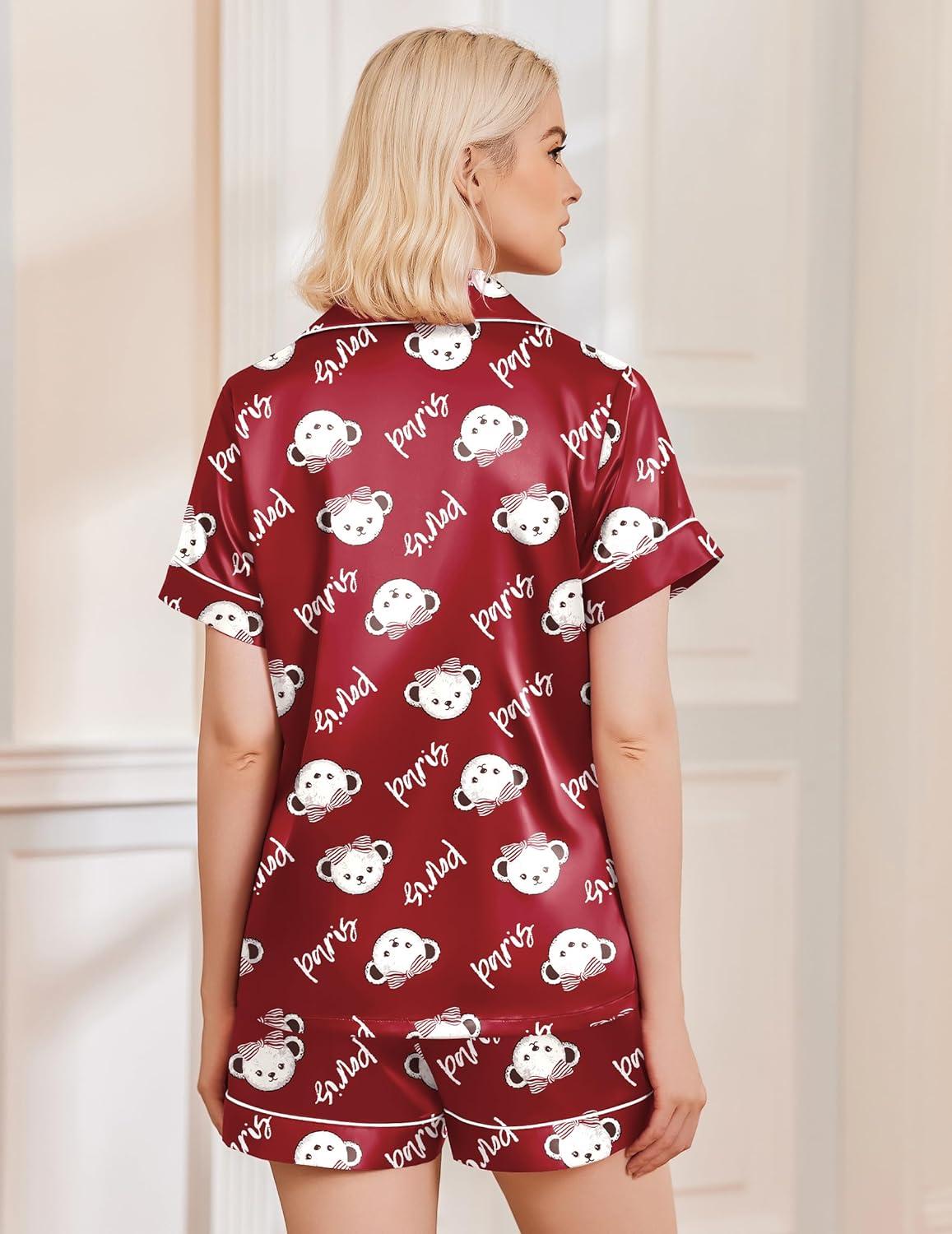 imageEkouaer Silk Pajamas for Women Funny Teddy Sleepwear Comfy Short Sleeve Button Down Loungewear Satin Pjs Shorts SetWine