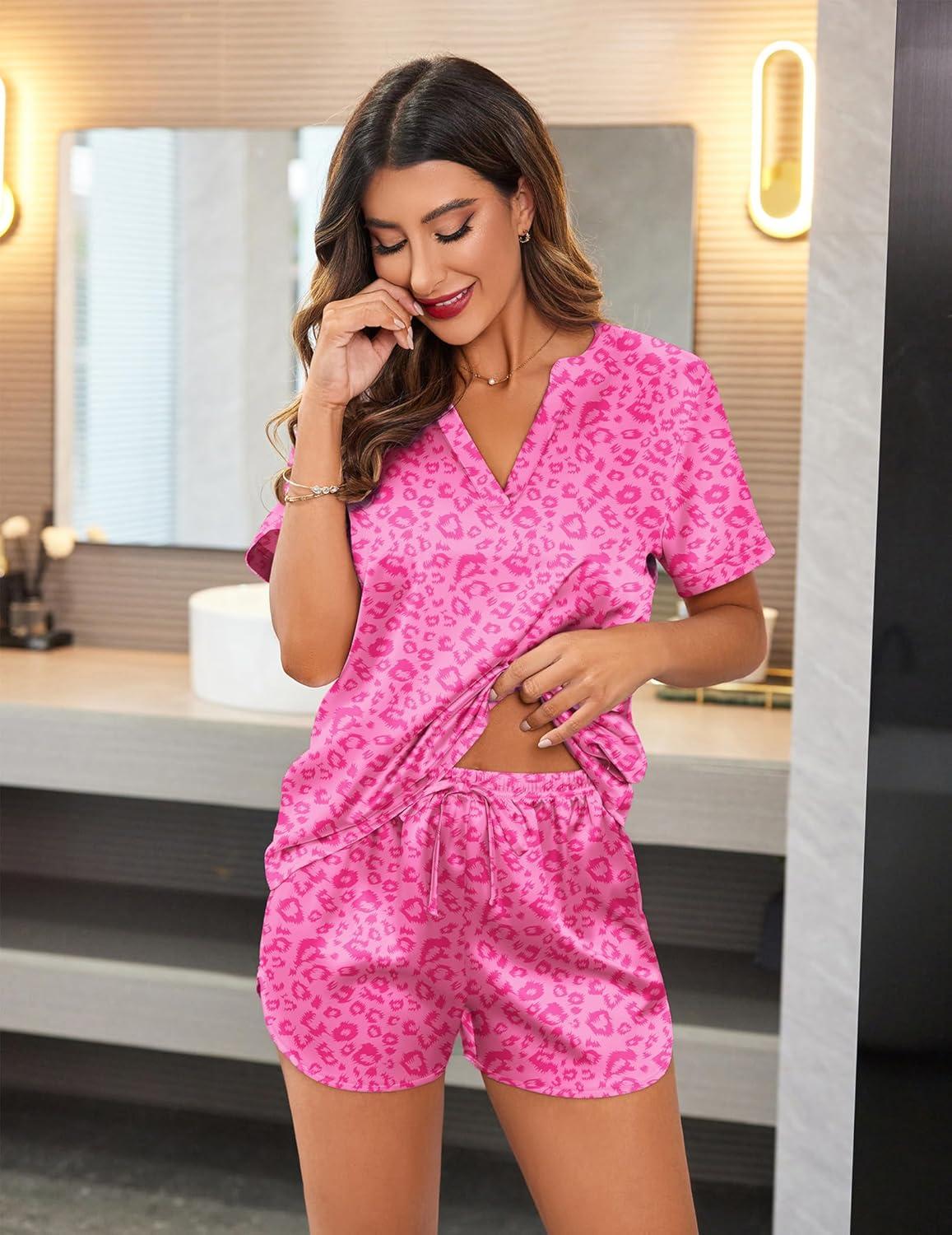 imageEkouaer Silk Pajamas for Women Short Sleeve Satin Sleepwear Twopiece Pjs Set Soft V Neck LoungewearSXXLHot Pink Leopard