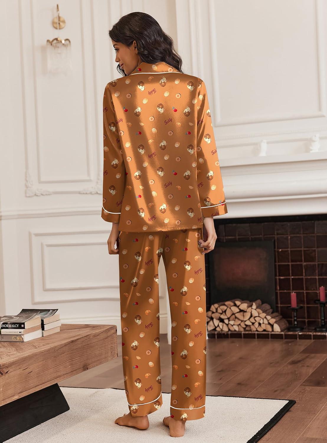 imageEkouaer Silk Satin Pajama Set for Womens Button Up Long Sleeve Pjs Sleepwear Soft 2 Piece Loungewear SXXLZ Brown Teddy