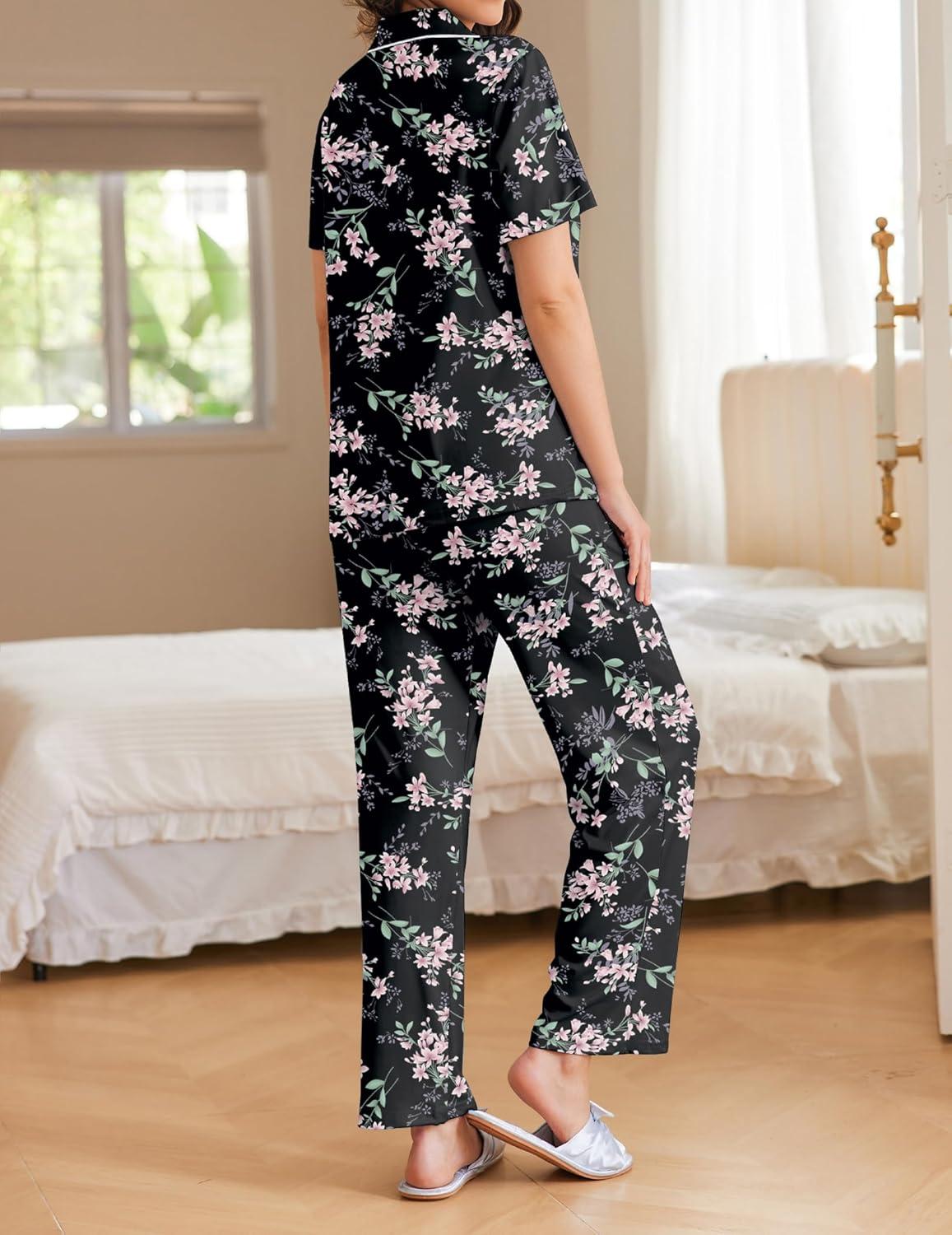 imageEkouaer Women Pajamas Set Button Down Sleepwear Short Sleeve Nightwear with Long Pants Soft Pjs Set SXXLBig Black Flowers