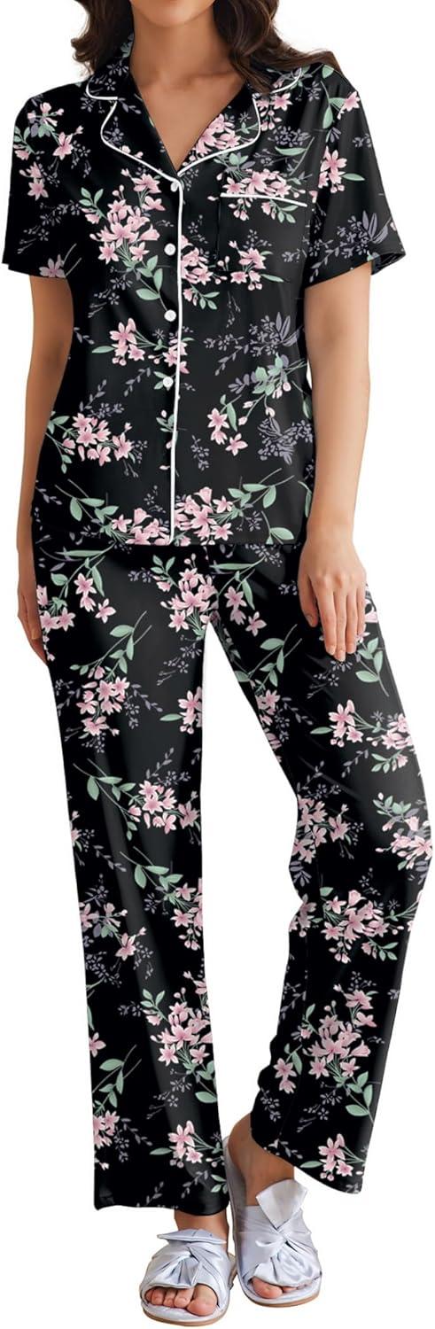 imageEkouaer Women Pajamas Set Button Down Sleepwear Short Sleeve Nightwear with Long Pants Soft Pjs Set SXXLBig Black Flowers