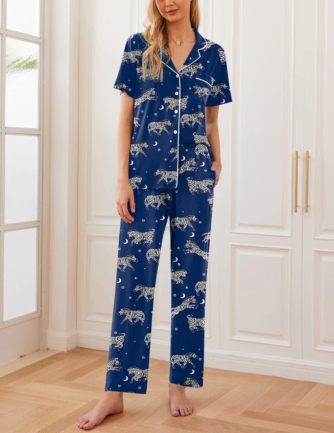 imageEkouaer Women Pajamas Set Button Down Sleepwear Short Sleeve Nightwear with Long Pants Soft Pjs Set SXXLBlue Zebra