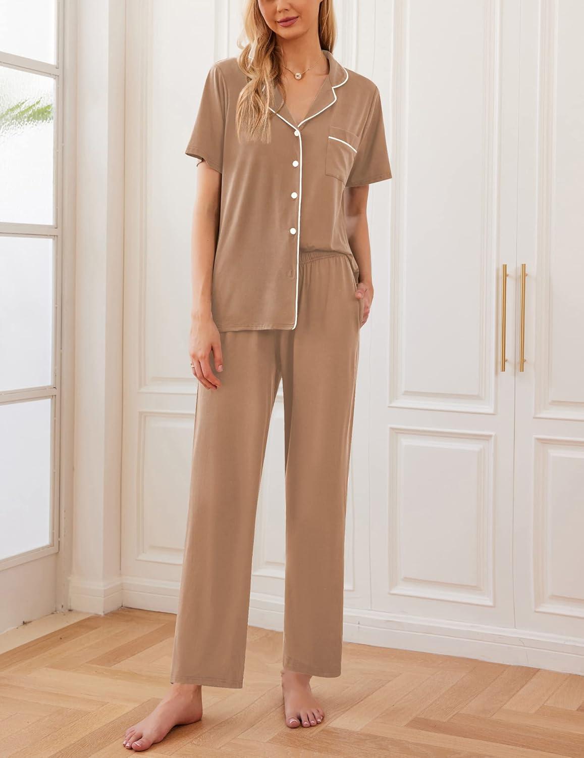 imageEkouaer Women Pajamas Set Button Down Sleepwear Short Sleeve Nightwear with Long Pants Soft Pjs Set SXXLBrown
