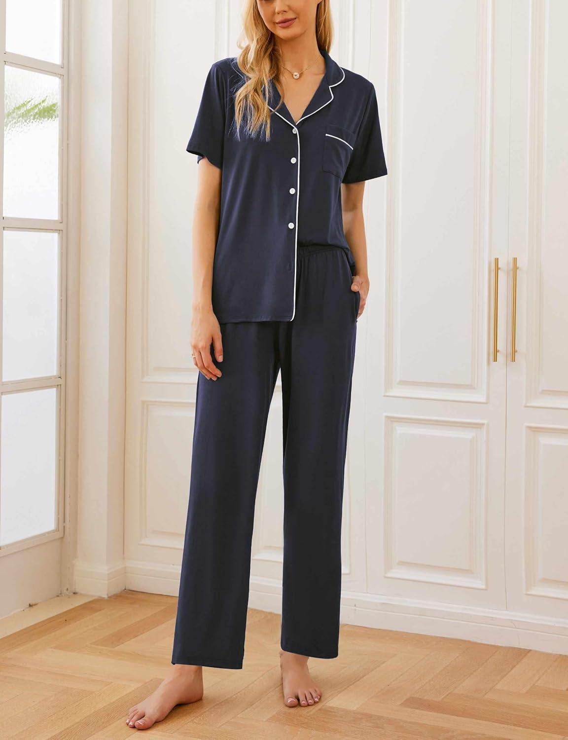 imageEkouaer Women Pajamas Set Button Down Sleepwear Short Sleeve Nightwear with Long Pants Soft Pjs Set SXXLNavy Blue