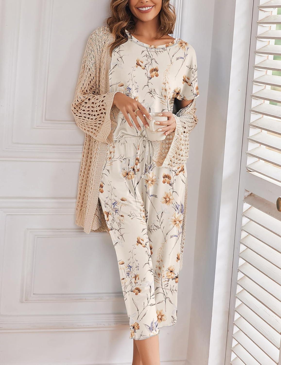 imageEkouaer Womens Capri Pajama Sets Print Short Sleeve Sleepwear Top and Capri Pants Soft Loungewear with PocketBeige Flowers