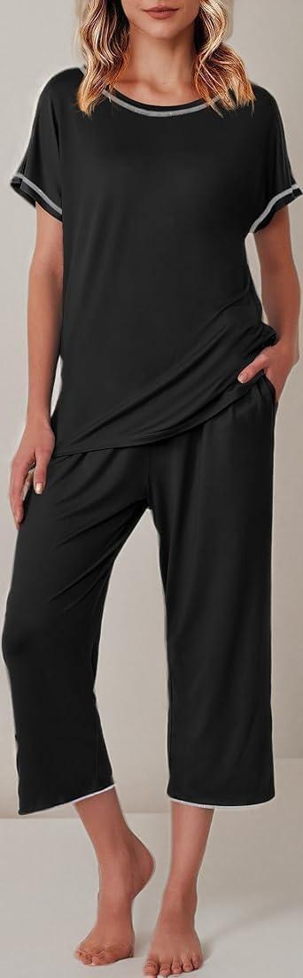 imageEkouaer Womens Capri Pajama Sets Print Short Sleeve Sleepwear Top and Capri Pants Soft Loungewear with PocketBlack