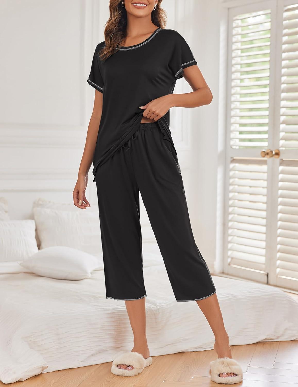 imageEkouaer Womens Capri Pajama Sets Print Short Sleeve Sleepwear Top and Capri Pants Soft Loungewear with PocketBlack