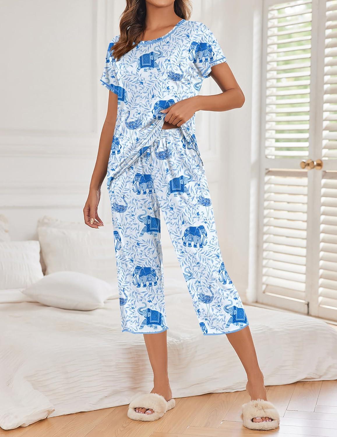 imageEkouaer Womens Capri Pajama Sets Print Short Sleeve Sleepwear Top and Capri Pants Soft Loungewear with PocketBlue Elephant