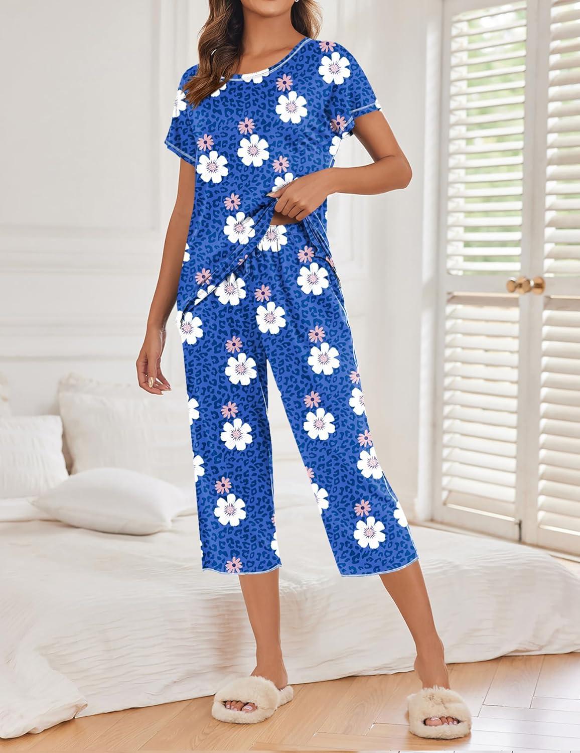 imageEkouaer Womens Capri Pajama Sets Print Short Sleeve Sleepwear Top and Capri Pants Soft Loungewear with PocketBlue Flower Leopard Print