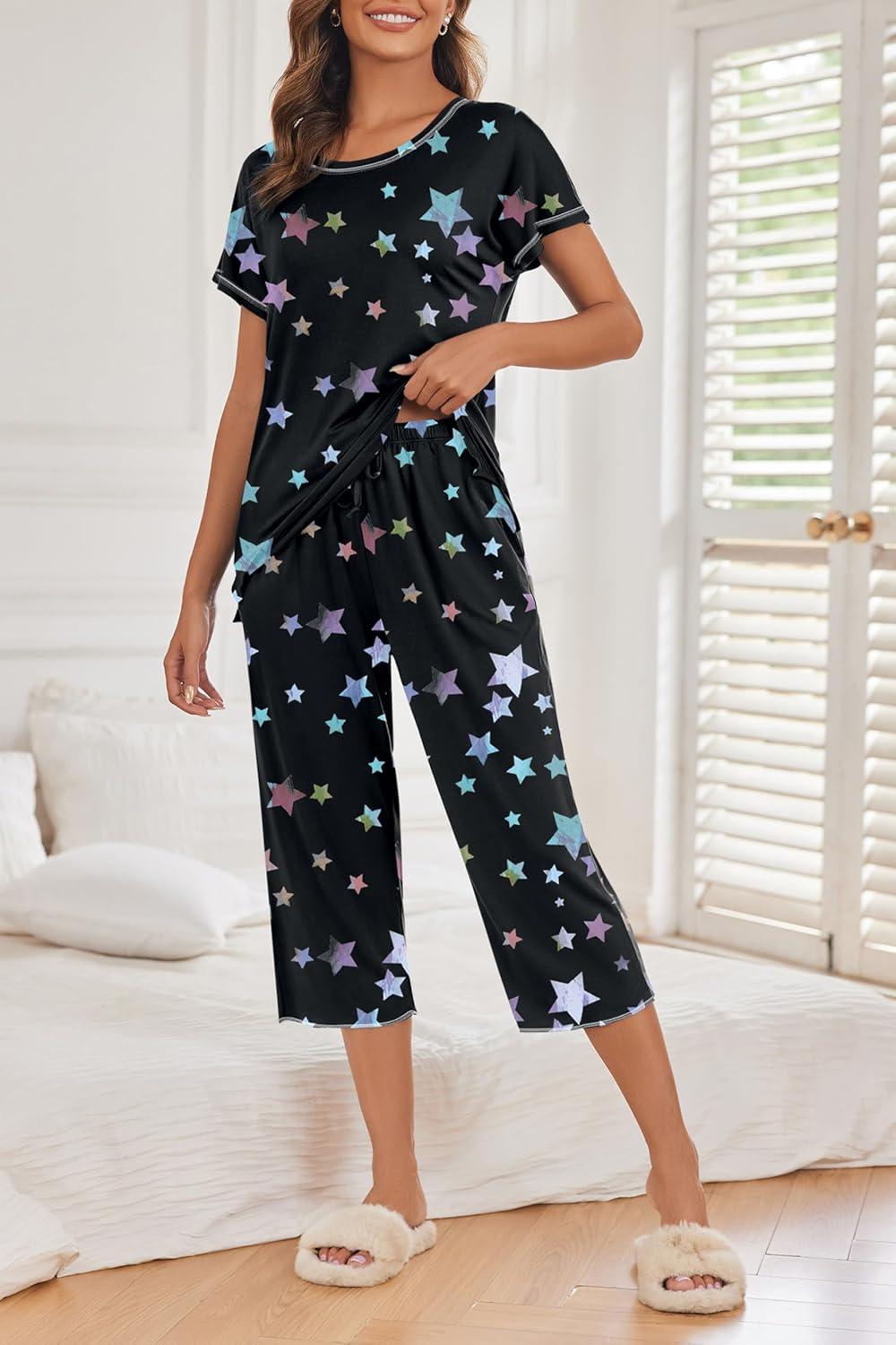 imageEkouaer Womens Capri Pajama Sets Print Short Sleeve Sleepwear Top and Capri Pants Soft Loungewear with PocketColorful Star