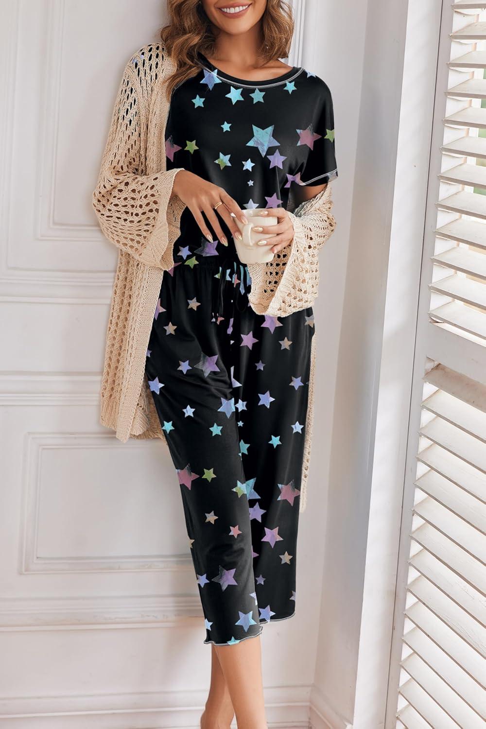 imageEkouaer Womens Capri Pajama Sets Print Short Sleeve Sleepwear Top and Capri Pants Soft Loungewear with PocketColorful Star