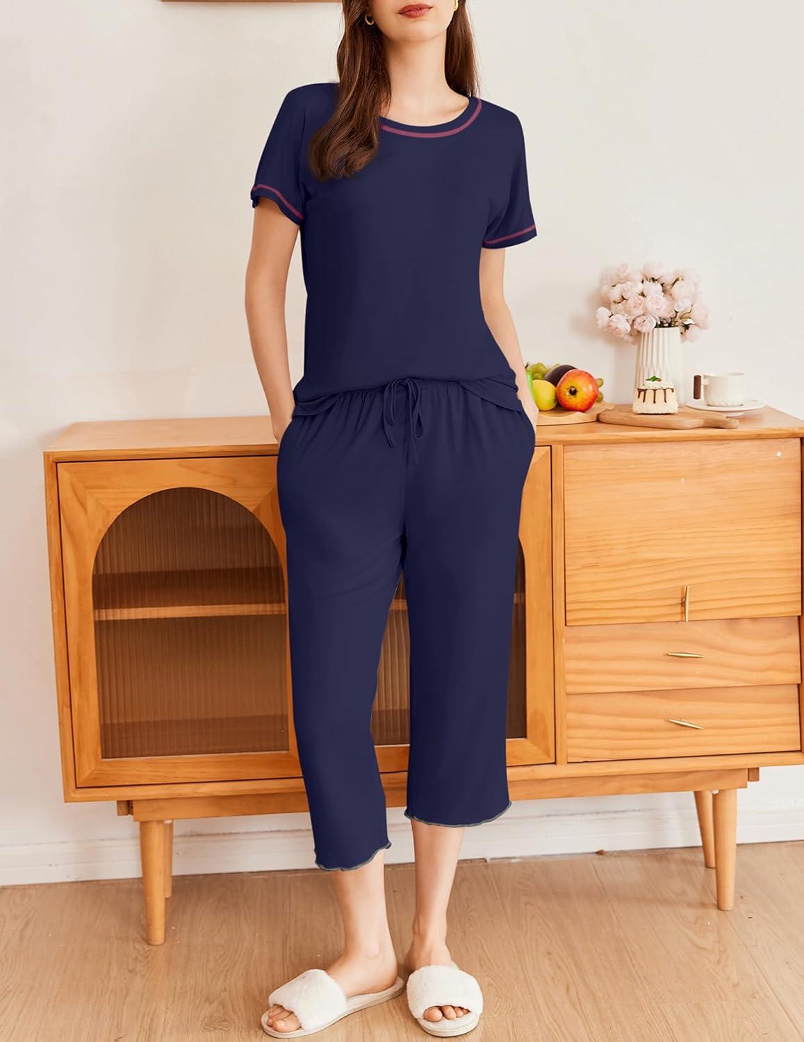 imageEkouaer Womens Capri Pajama Sets Print Short Sleeve Sleepwear Top and Capri Pants Soft Loungewear with PocketFashion Dark Blue