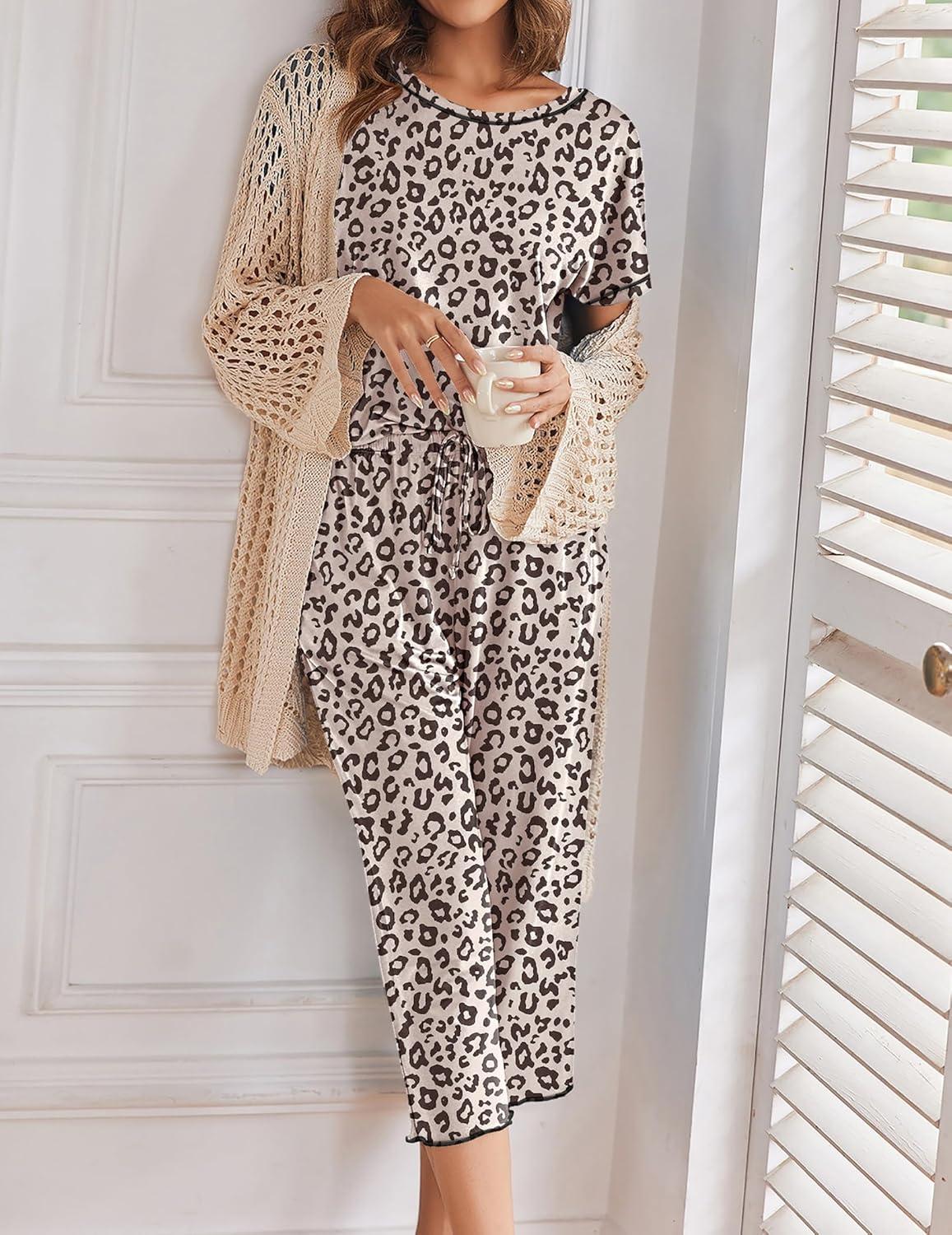 imageEkouaer Womens Capri Pajama Sets Print Short Sleeve Sleepwear Top and Capri Pants Soft Loungewear with PocketKhaki Leopard Print