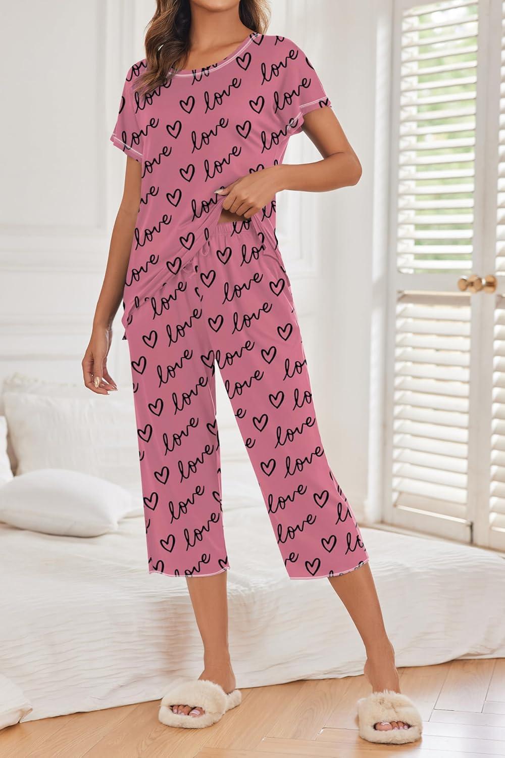 imageEkouaer Womens Capri Pajama Sets Print Short Sleeve Sleepwear Top and Capri Pants Soft Loungewear with PocketLove Print