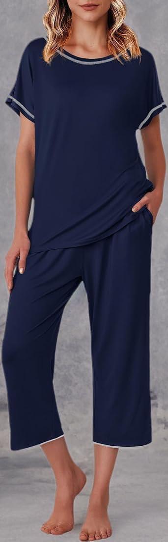 imageEkouaer Womens Capri Pajama Sets Print Short Sleeve Sleepwear Top and Capri Pants Soft Loungewear with PocketNavy Blue