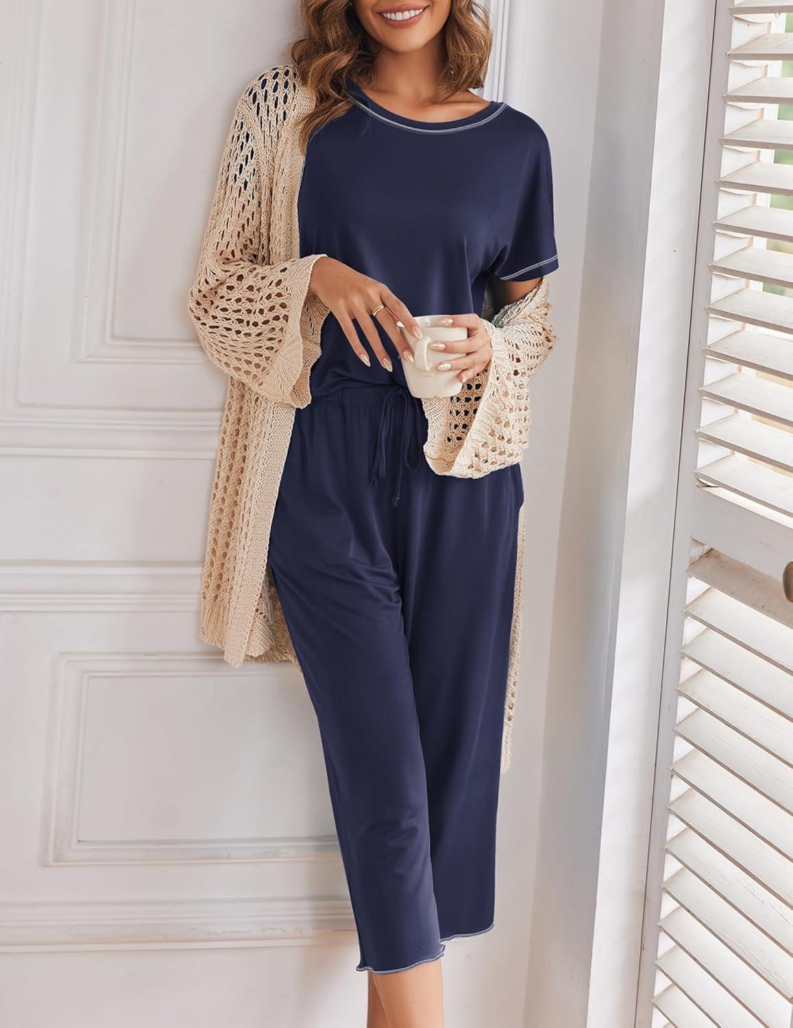 imageEkouaer Womens Capri Pajama Sets Print Short Sleeve Sleepwear Top and Capri Pants Soft Loungewear with PocketNavy Blue
