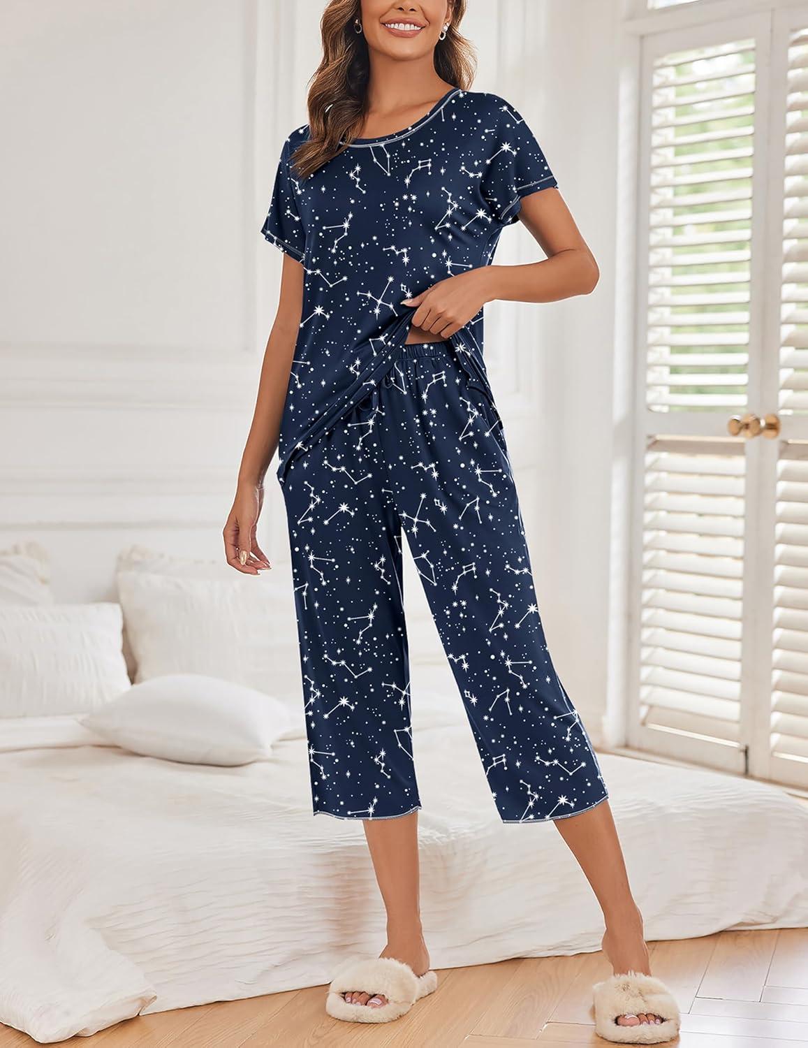 imageEkouaer Womens Capri Pajama Sets Print Short Sleeve Sleepwear Top and Capri Pants Soft Loungewear with PocketNavy Blue Stars