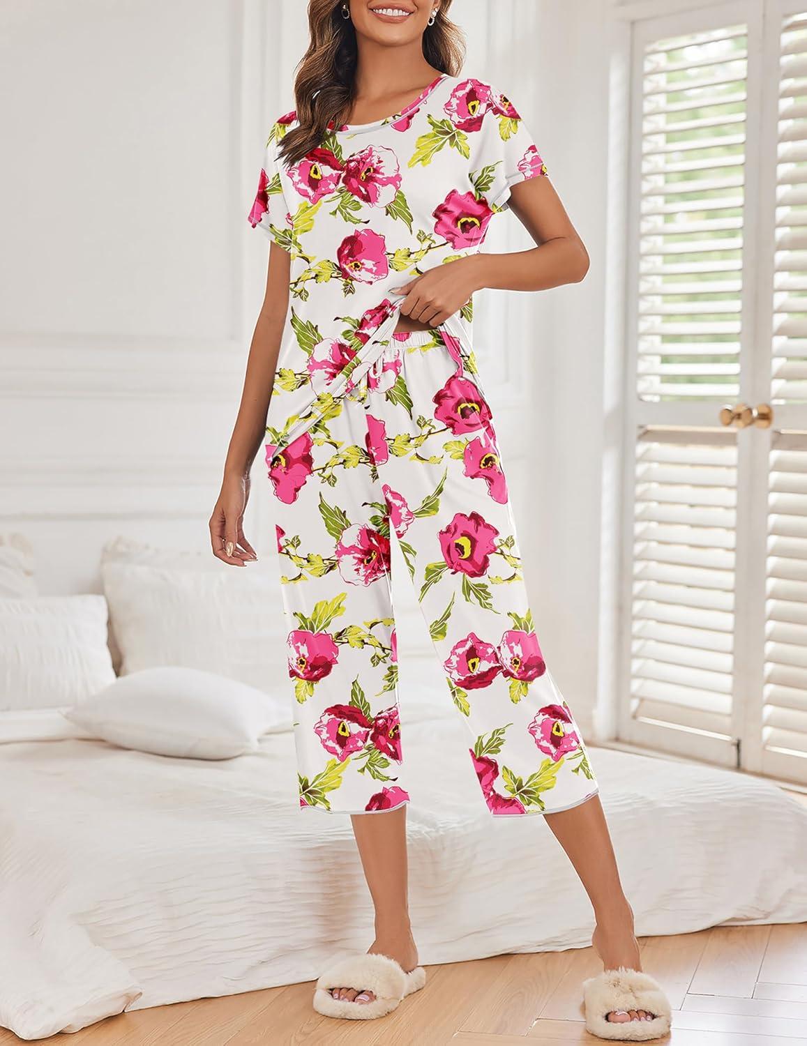 imageEkouaer Womens Capri Pajama Sets Print Short Sleeve Sleepwear Top and Capri Pants Soft Loungewear with PocketPink Big Flowers